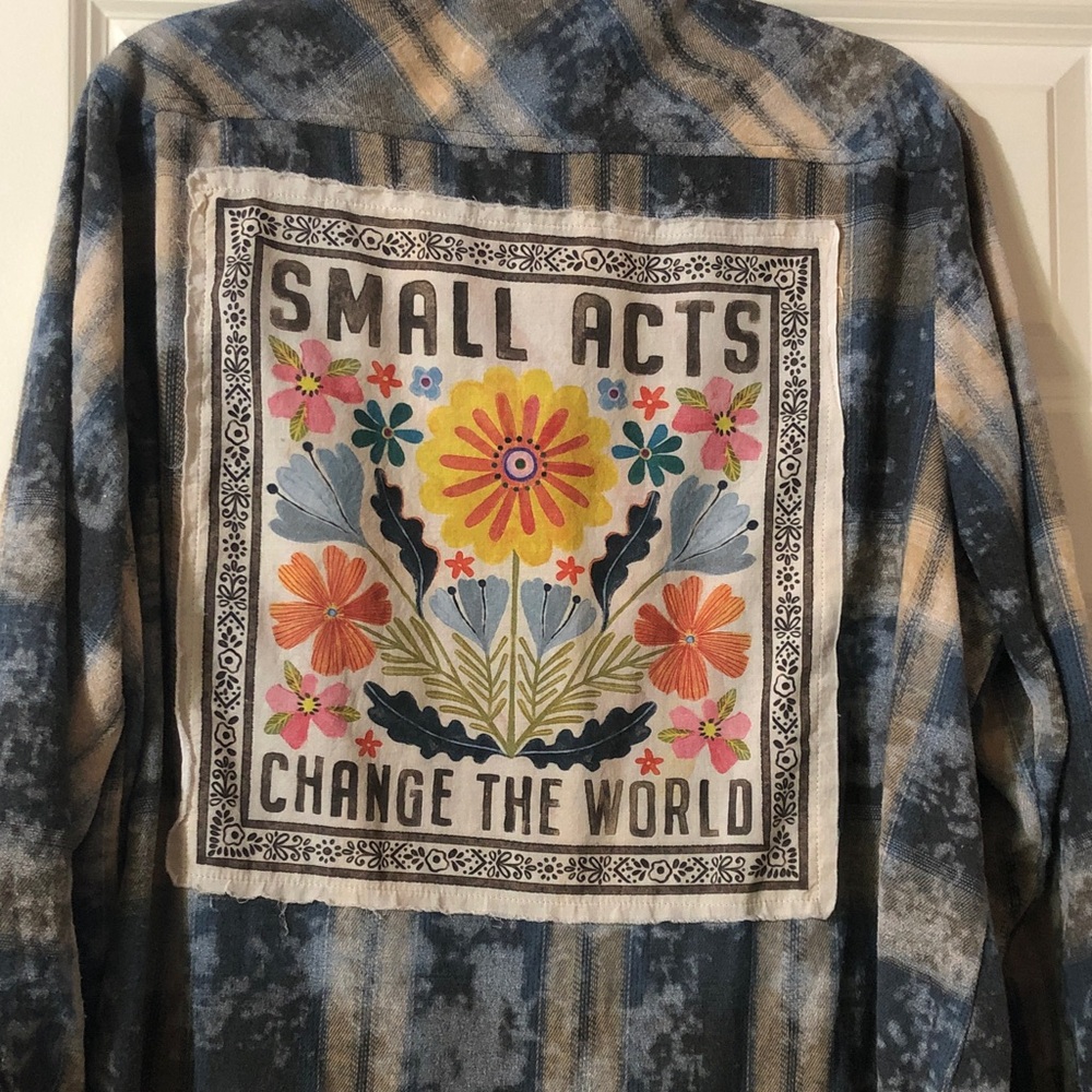 Blue and Tan Plaid Button-Up Shirt with Kindness Message